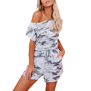 

Women Fashion Camo Printed Short Sleeve Casual Playsuits 2020 Summer High Street Beach Vacation Jumpsuit Loose Lace UpPlaysuits