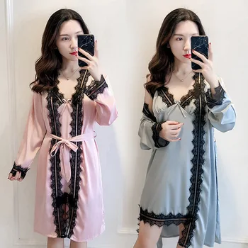 

Pajama woman spring autumn edition dressing gown 2PCS sexy lace condole belt silk belt bosom cushion home wear temptation