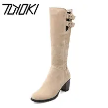 Tuyoki/Сапоги до колена на молнии женские рыцарские сапоги на квадратном каблуке брендовая теплая зимняя обувь на меху размер 34-43