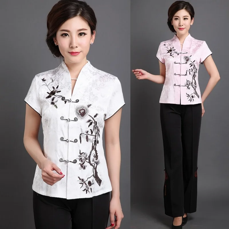 Женская одежда в китайском стиле для пожилых женщин, Топ Cheongsam с коротким рукавом, винтажная блузка, традиционная китайская рубашка TA1794