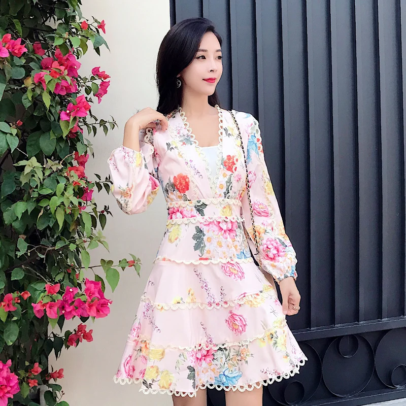

HANZANGL New arrive 2019 women autumn dress printed V-neck puff sleeve sexy lace dress high waist short party mini dresses