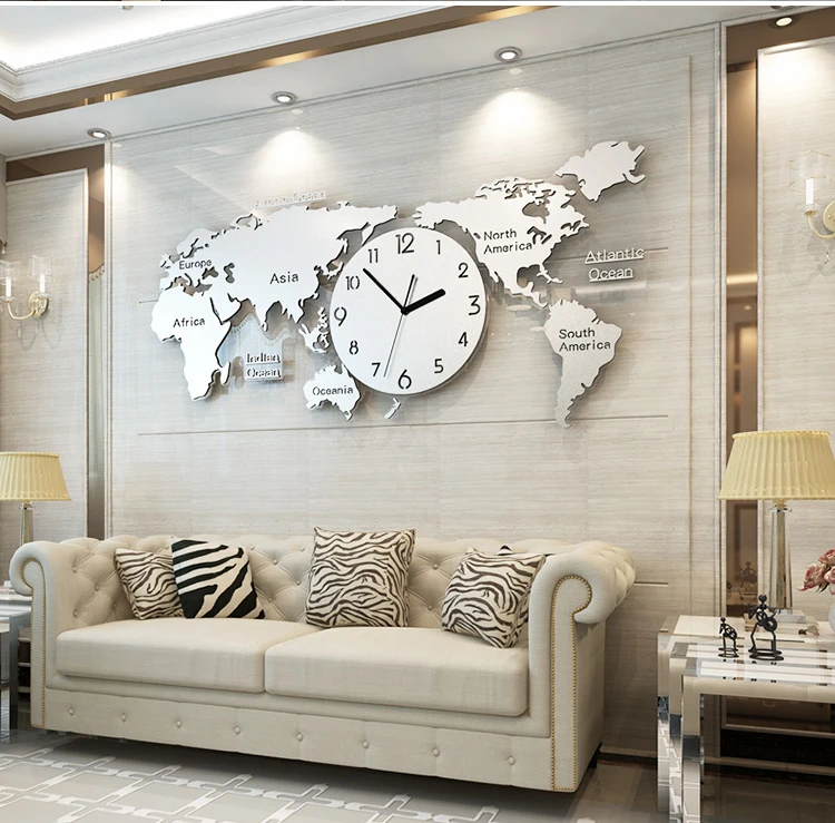 Роскошные современные карта мира настенные часы для гостиной 3D украшения элегантные большие металлические настенные часы