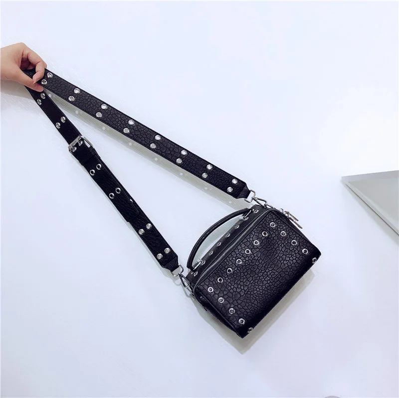 

RAZALY Brand High Quality Designer Split Leather Boston Pliiow Bag Wide Strap Black Small Tote Messenger Rivet Hollow Out