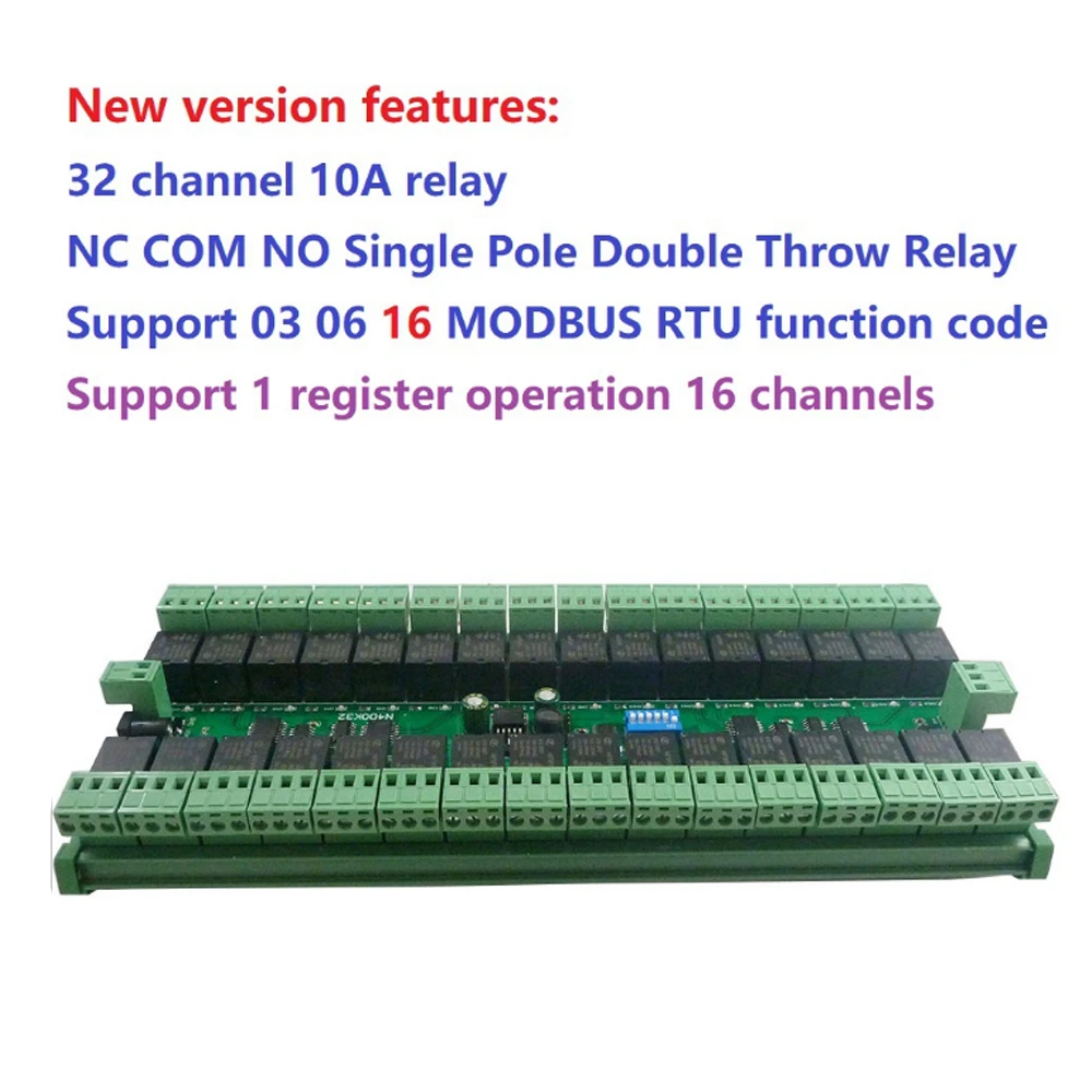 DC 12V 24V 32 채널 Modbus RTU RS485 릴레이 스위치 보드, DIN 레일 박스가있는 UART 직렬 포트 모듈 PLC 확장 보드