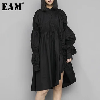 

[EAM] Women Black Asymmetrical pleated Shirt Dress New Stand Collar Long Sleeve Loose Fit Fashion Tide Spring Autumn 2020 1S428