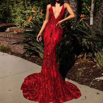 

BacklakeGirls Sexy V Neck Sleeveless Red Sequined Mermaid Evening Dresses Backless Floor Length Formal Party Dress