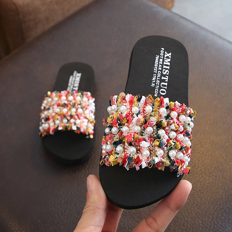 

XMISTUO parent-child size girl cute colorful pearl decoration beach vacation soft slippers student outdoor leisure slippers