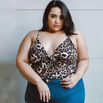 

Spring Summer Women Leopard Print Sun-top Plus Size 6XL Strappy Halter Camis Tops For Girls Sexy Deep V Neck Camisole D30