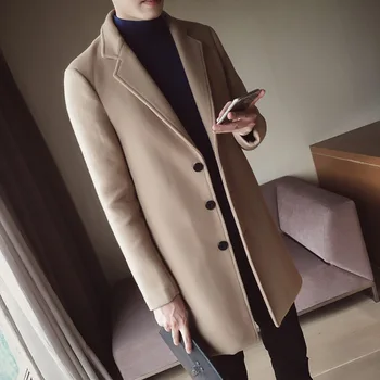 

Autumn Winter Wool Coat Men Fashion Mid-long Jacket Men Turn Down Collar Overcoat Solid Color Slim Fit Male Trench Coat M-5XL