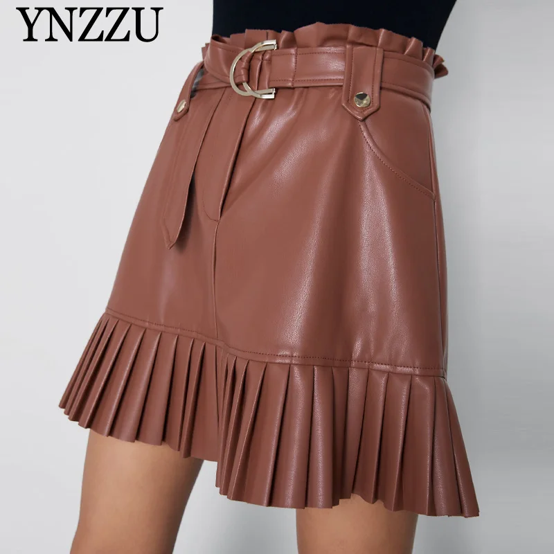 

Women Fashion Pleated Faux leather mini skirt 2019 New arrival Solid color With belt skirt High waist Bottoms Female YNZZU YB382