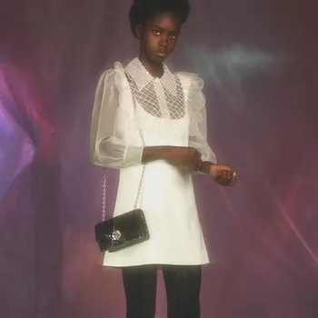 

Elegant Dress WOmen Beaded Turn Double Collar Long Sleeve A line White Dress 2020 Autumn Designer clothes