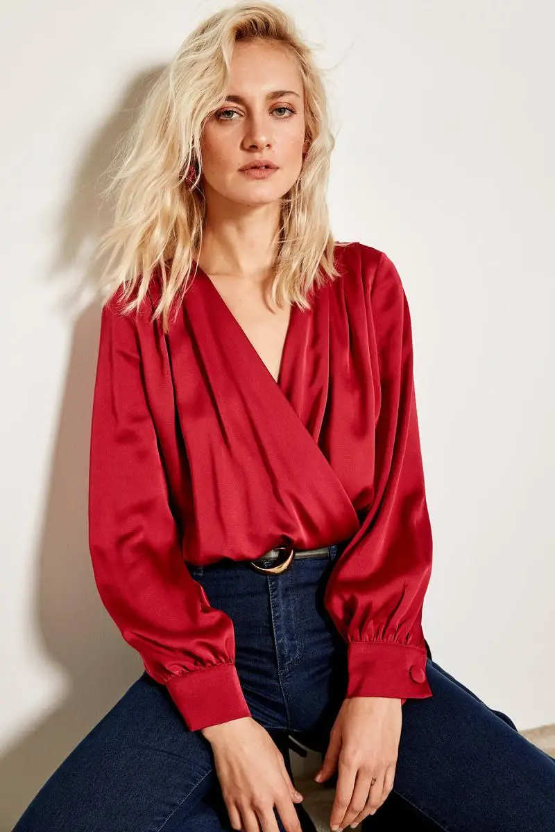 Trendyol мятный двойной воротник до груди тела шелковая блузка TOFAW19BB0678