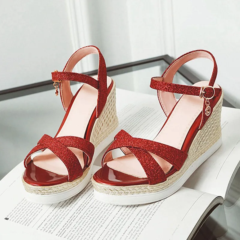 

AGODOR Wedges Shoes for Women High Heel Platform Wedge Sandal Ankle Strap Glitter Ladies Summer Sandal 2020 Sandalia Feminina