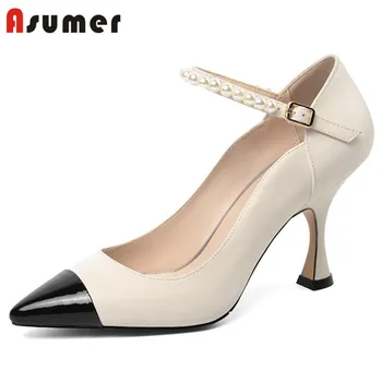 

ASUMER 2020 women pumps genuine leather shoes mixed color buckle pearl elegant party shoes spring summer single shoes woman