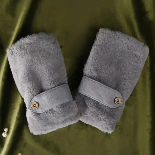 Новинка, однотонные перчатки без пальцев, зимние теплые перчатки для женщин, замша, кроличий бархат, внутри, микрофибра, ворс, двухслойный, утолщенный - Цвет: Gray