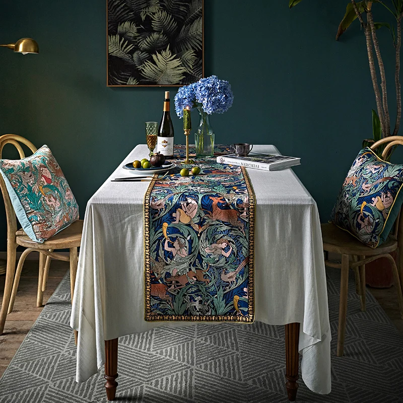 

Far Taoermi floral table runner home warming wedding gift blue green cotton table cover