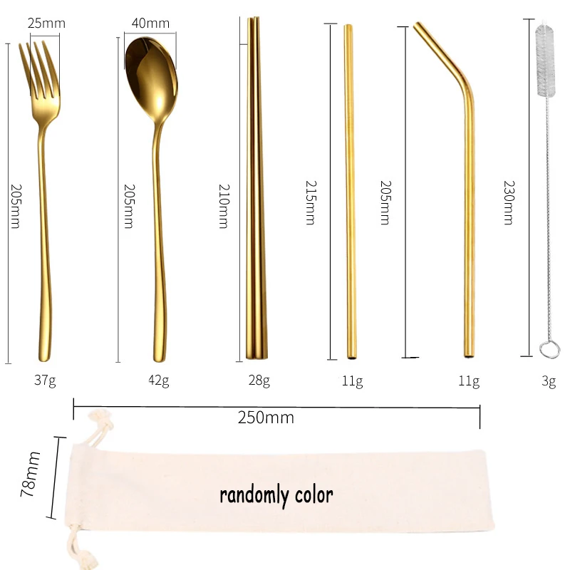 7pc 304 Stainless Steel Fork Spoon Chopsticks Set Creative Portable Tableware Straw Fork Chopsticks 7 Pieces Dinnerware Set