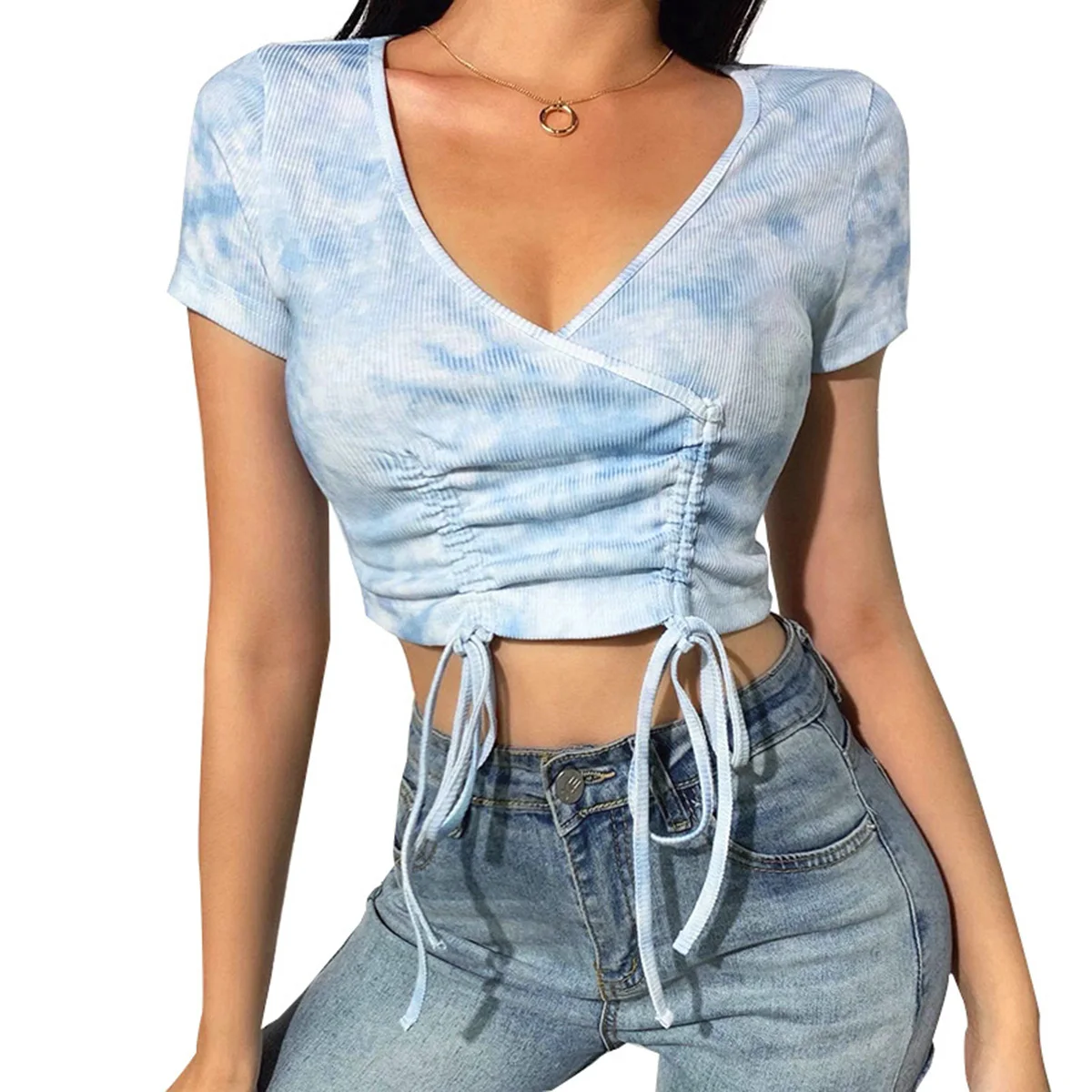 

Women's fashion sexy crop top temperament V-neck button tether pleated short vest T-shirt