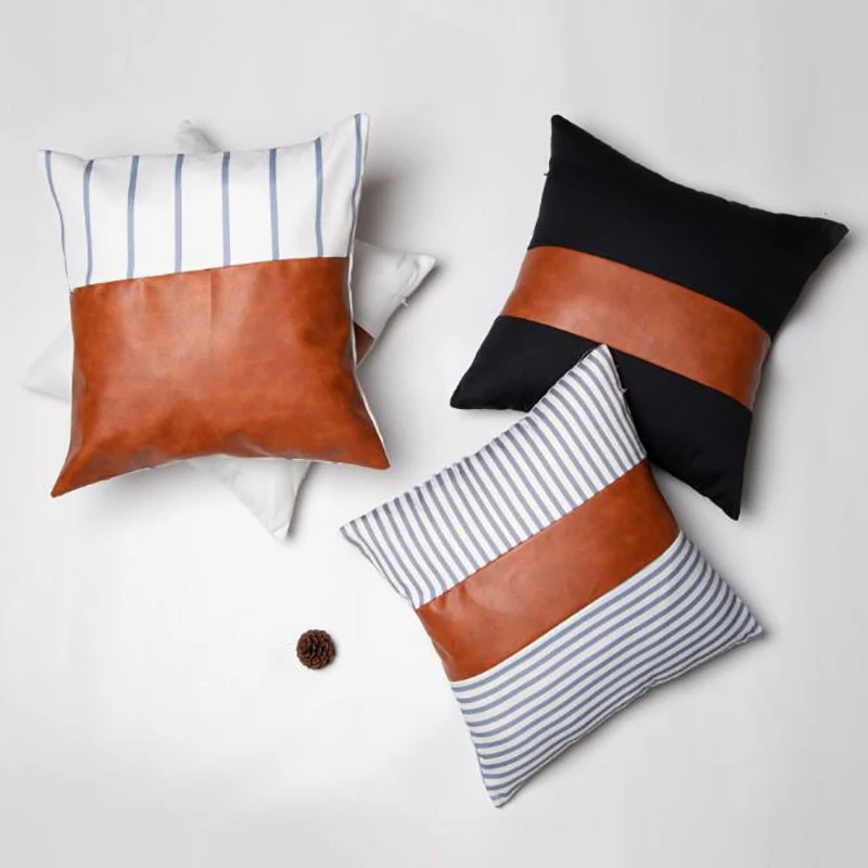 PU Leather Pillow Canvas Stripe Stitching Pillow Sofa Cushion New Modern Minimalist Style Living Room Pillow Cushion