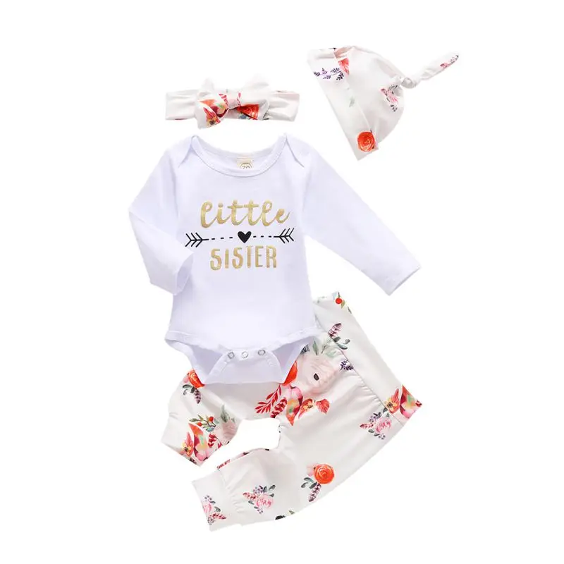 

Baby Girl Clothes Sets Newborn Ruffles Solid Romper Bodysuit+Floral Pants+Headband+Hat Outfits kit roupa bebe 4pcs Autumn Set