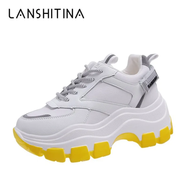

New Women Platform Sneakers Leather Wedge Heels White Casual Shoes 8CM Autumn Thick Sole Chunky Sneakers Woman Deportivas Mujer