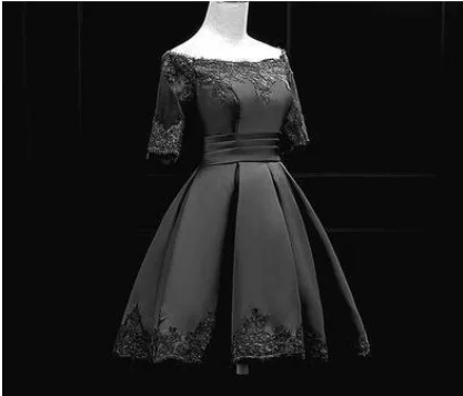 black Короткие свадебное платье Лодка шеи Атласные Кружева Половина рукава Простой свадебное платье Дешевые Vestido De Noiva Винтаж свадебные платья белое платье свадебные платья свадебное платье свадьба пляжное платье сваде - Цвет: black