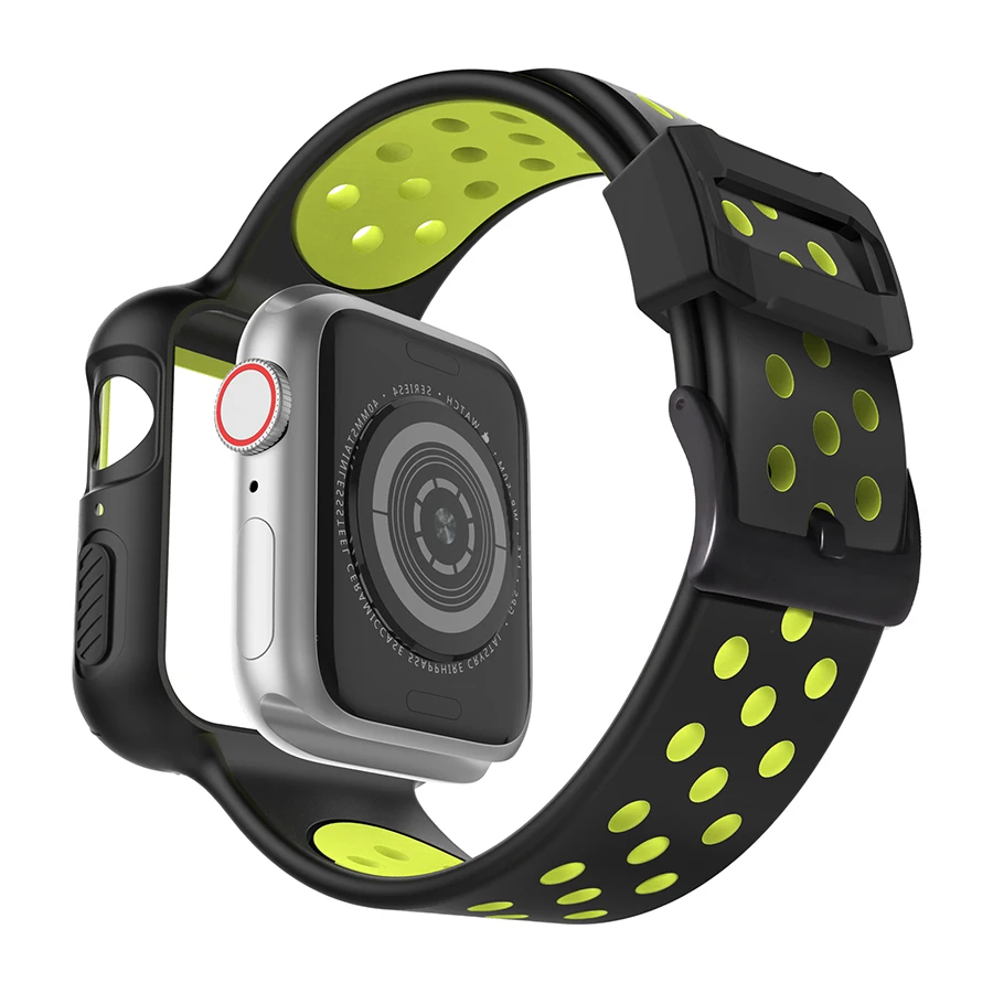 2 в 1 для Apple Watch 5 ремешок силиконовый ремешок+ защитный чехол для iWatch 5 40 мм/44 мм Correa аксессуары для наручных часов - Цвет: Black yellow green