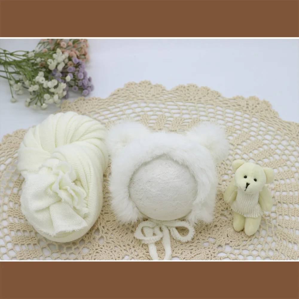 3pcs/set Newborn Photography Props Blanket Hat Baby Photography Wrap Props Bear Doll Baby Photo Shoot Accessories