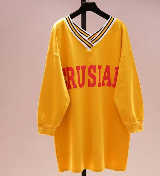 YELLOW Футболки с принтом букв для студентов футболка большого размера с v-образным вырезом и длинными рукавами простая футболка Женская весенне-осенняя одежда свободные топы - Цвет: YELLOW
