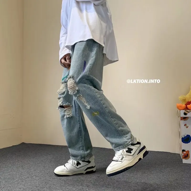 ICCLEK Japanese Ripped Jeans Men's Pants Autumn Casual Straight-leg Pants Men Jeans Pants  Denim Jeans  Mens Pants