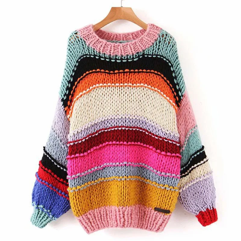 

LANMREM 2020 New Women's Handmade Color Matching Sweater Loose Wild Lantern Sleeves Knit Pullover Sweater PC041