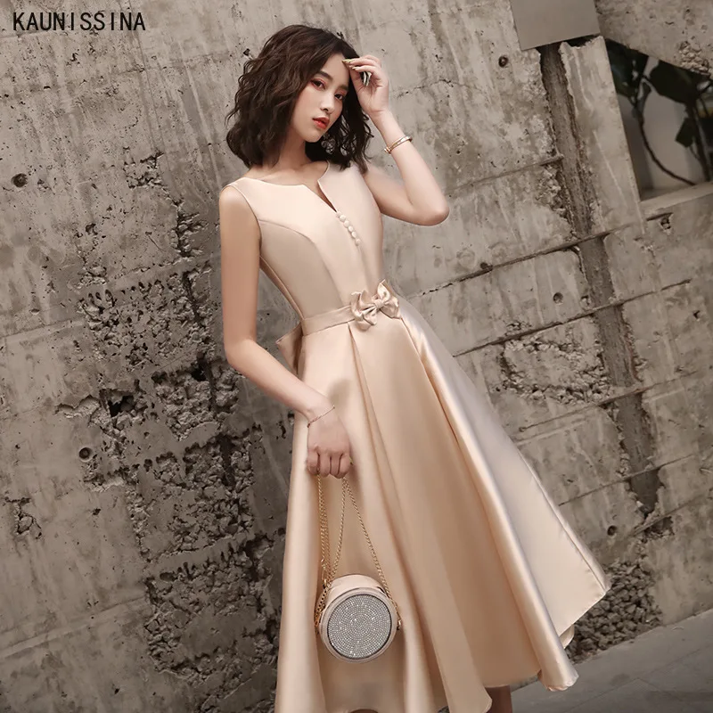

Women Cocktail Dresses Party Dress Tea-Length Elegant Bowknot Sleevesless A-Line Prom Vestido Homecoming Champagne Dress