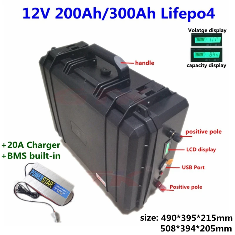 2000 циклов 12V 200Ah 300Ah Lifepo4 литиевая аккумуляторная батарея 12v с BMS 4S 12В для троллингового мотора солнечной системы питания+ 20A Зарядное устройство
