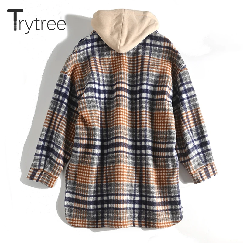 Ttytree 2019 Осень Зима Женское повседневное пальто с капюшоном в клетку однобортное