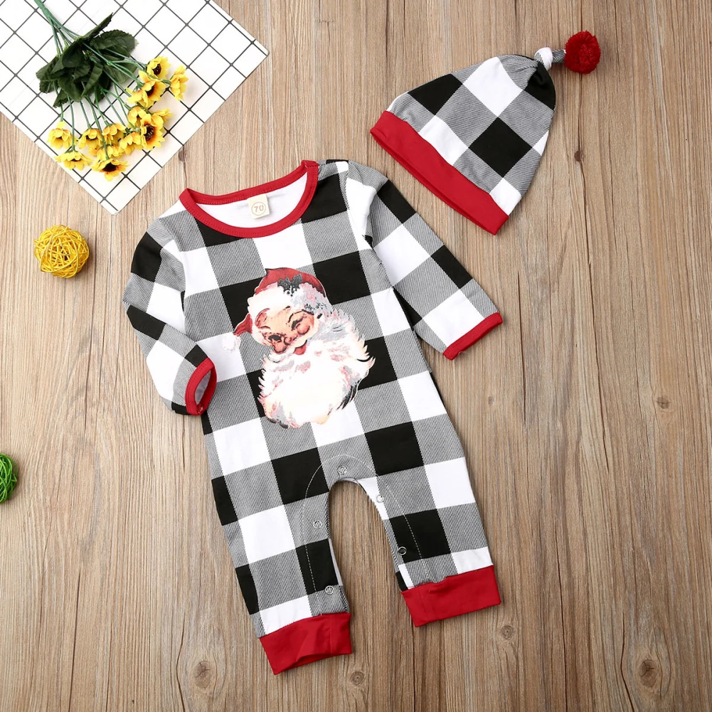 Emmababy, 2 предмета, Рождественская Одежда для маленьких мальчиков и девочек, клетчатый комбинезон шапка с длинными рукавами и Санта Клаусом, комплект осенней одежды