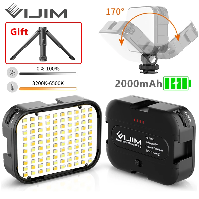 VIJIM VL100C 170 ° ajustable luz LED para vídeo con trípode y 3 Zapata fría extender Cámara iluminación Vlog llenar de luz de la lámpara
