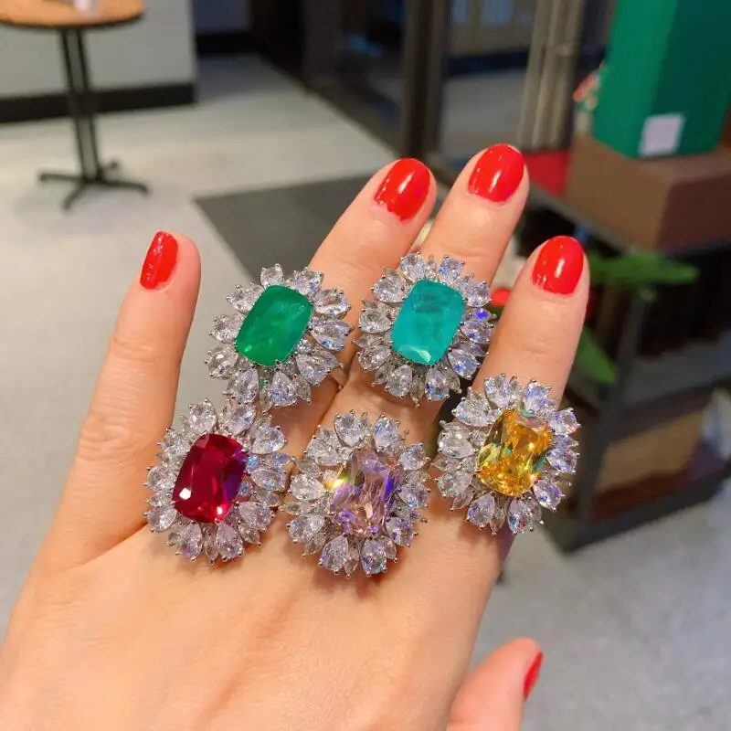 Ruzzallati Squisito Paraiba Tormalina Gioielli Ermald Colore Argento Zirconia Fidanzamento Anello Aperto Per Donna