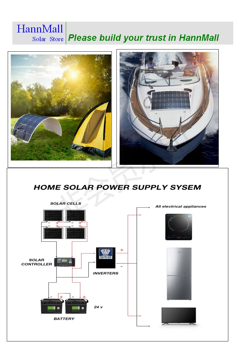 HannMall 18V 50W Flexible Solar Panel Solar Charger For 12V Car Battery Monocrystalline Cells For Hause,boat,roof with MC4 Cable