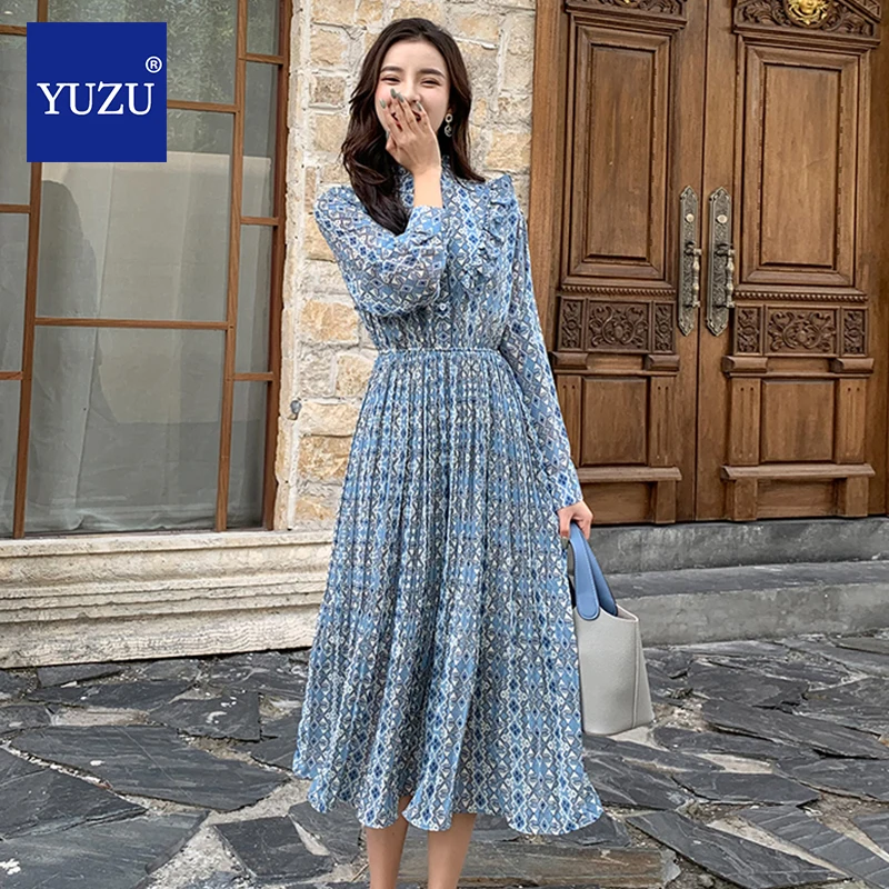 

Blue Floral Print Chiffon Pleated Dress Sweet Ruffle Long Sleeve Single-breasted Elasticated Waist Women Clothes Spring Dresses