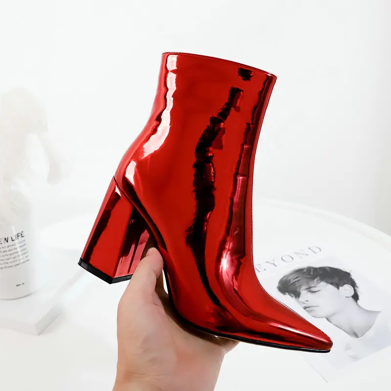 Red Patent Leather Осенне-зимние ботильоны женская обувь с острым носком Модные женские ботинки из лакированной кожи на высоком квадратном каблуке обувь на молнии - Цвет: Red Patent Leather