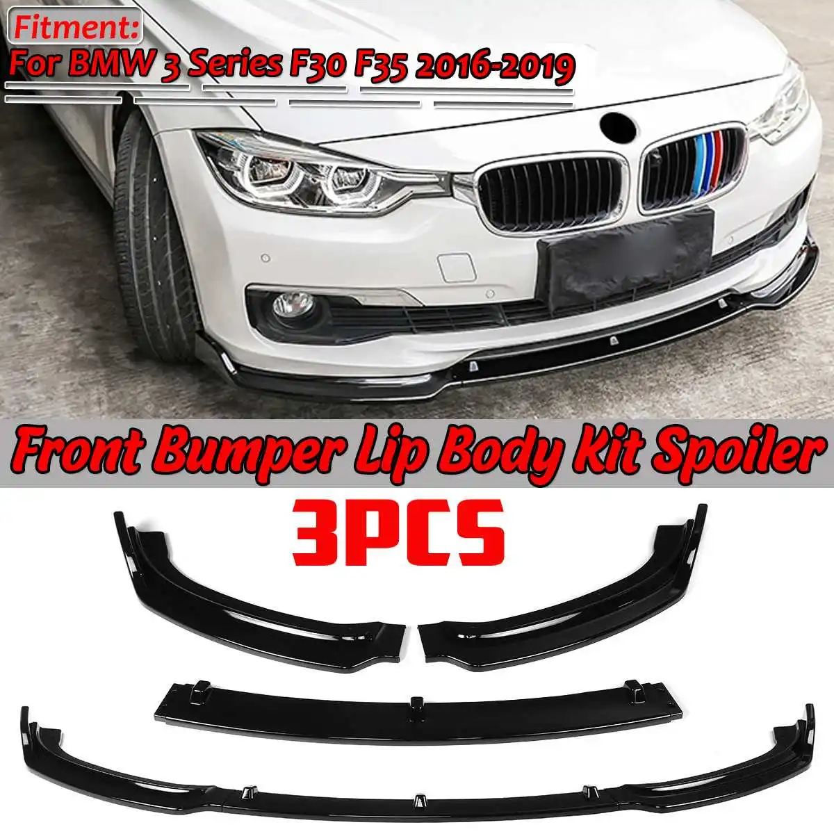 Black MotorFansClub 3pcs Front Bumper Lip fit for compatible with BMW F30 F35 Base 3 Series 2013-2018 Splitter Trim Protection Spoiler 