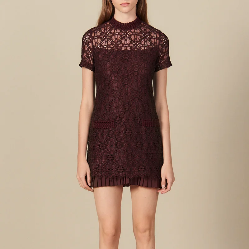 

Robe Courte en Dentelle Women Dress Vintage Hollow Out Lanon Mini Floral Standard Collar A-Line Autumn Winter Dropshipping