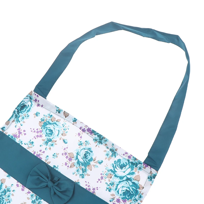 Women Floral Bowknot Waterproof Kitchen Restaurant Cooking Pocket Dress Apron Polyeste Halter Bow Pocket Floral Sleeveles Apron