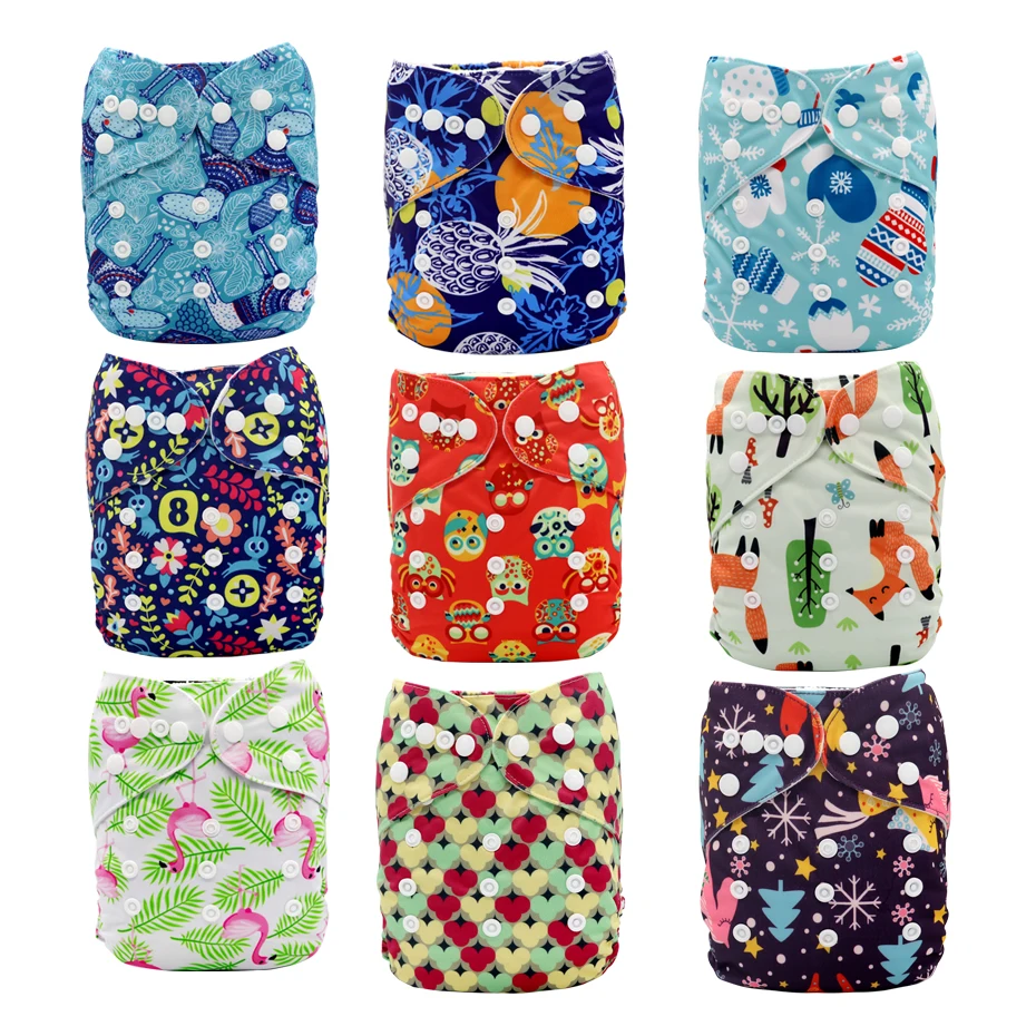 MABOJ Cloth Diapers Baby 9pcs Pocket Cloth Diaper One Size Reusable Washable Nappies Character Unisex Baby Care Pants Insert