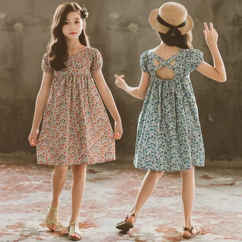 

Kids and Teen Girls Summer Cotton Floral Dress Retro Cute Princess Dresses Fashion Backless High Waist Children Dresses
