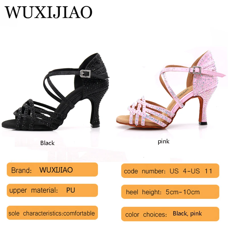 WUXIJIAO/туфли для латинских танцев, черные стразы; женская Обувь для бальных танцев; обувь для танцев на Кубе; Каблук 8,5 см; программное обеспечение для вальса; Лидер продаж; Танцевальная обувь