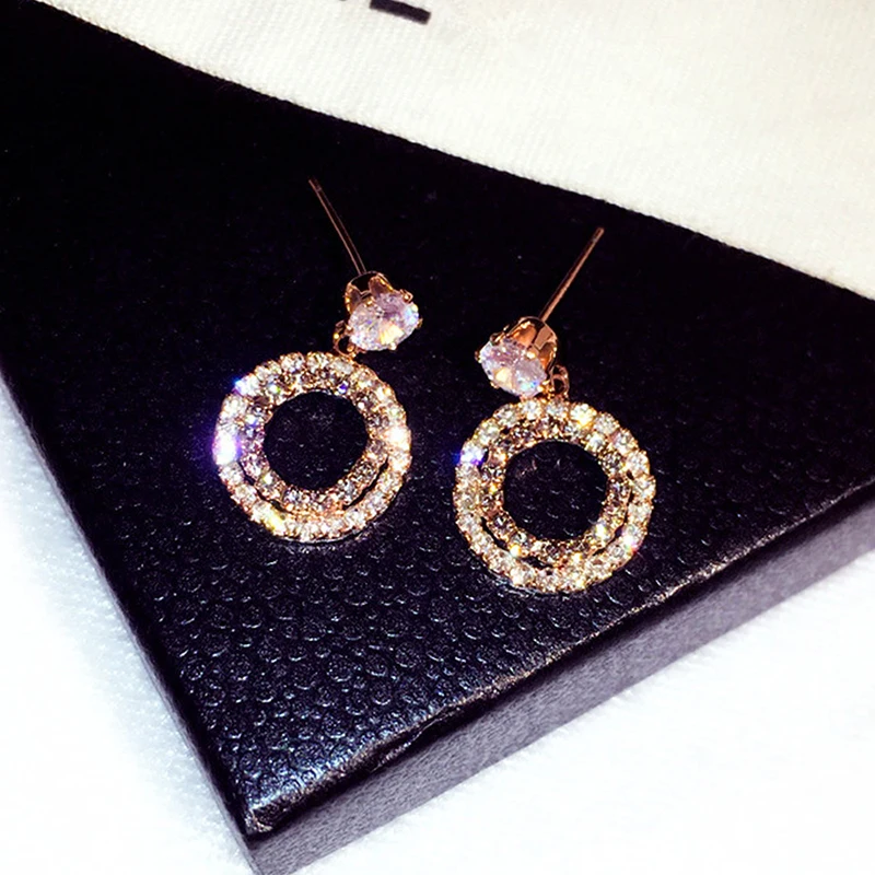 Korean Trendy Full Rhinestone Hollow Earrings for Women Transparent Zirconia CZ Stud Earrings Wedding Bridal Pendant Accessories