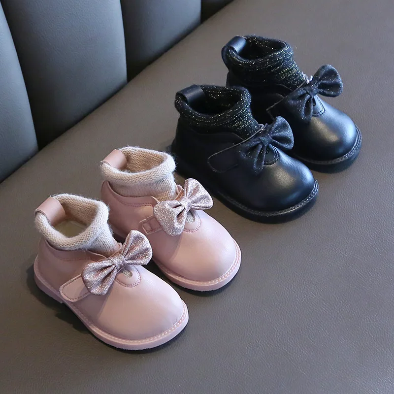 

2019 autumn and winter female baby princess shoes soft bottom 1-2 years old baby toddler shoes children plus velvet bow boots