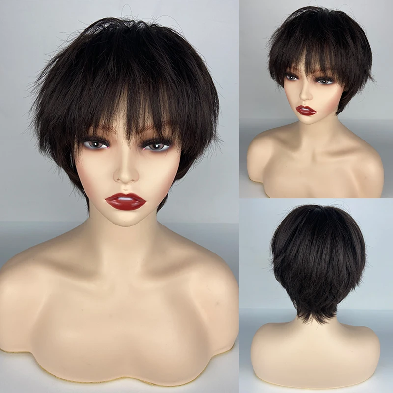 

URCGTSA Short Bob Wig With Bangs for Women Synthetic Bob Wigs Black Brown Wig for Party Daily Use High Temperature Fiber Hair