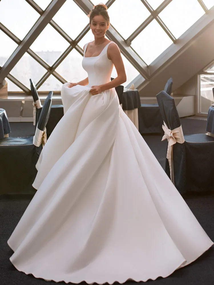 long sleeve wedding dresses Ball Gown Princess Wedding Dresses 2021 For Women Sleeveless Backless Boat Neck Satin White Dresses Robe De Soirée De Mariage beach wedding dresses